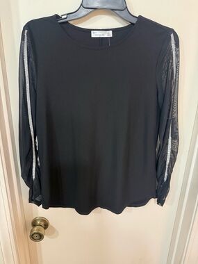Madison Black Long-Sleeve Top with Mesh Sleeves and Rhinestone Trim